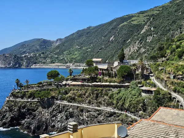 stock image Beautiful view from Manarola. Buildings, walking route and vines in the background mountains. 