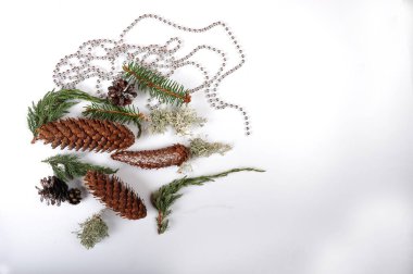 Çam kozalakları, ladin konileri, liken, ardıç ve ladin dallarının rastgele karışımı. Gümüş toplardan oluşan gümüş bir kız. Resmin sağ tarafında boşluk kopyala.