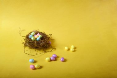 Küçük pastel renkli Paskalya yumurtaları olan minik kuş yuvası. Sarı arka planda yatay fotoğraf. Uzayı sağa kopyala.