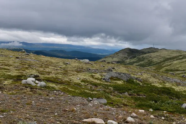 Bulutlu bir yaz gününde Dovrefjell. Güzel manzaranın üzerinde sağanak yağmur bulutları. 