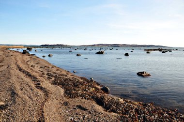 Açık bir kış gününde okyanusta kayaları olan doğal kumlu sahil. Horten, Norveç 'teki Borrestranda' da sakin deniz ve güneş ışığı.
