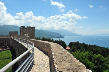 View from Samuel's Fortress overlooking lake Ohrid in Macedonia on a sunny summer day.Copy space in upper right corner of horizontal photo. clipart