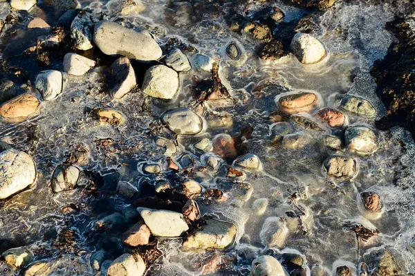 Norveç sahilinde kışın buz kaplı çakıl taşları.