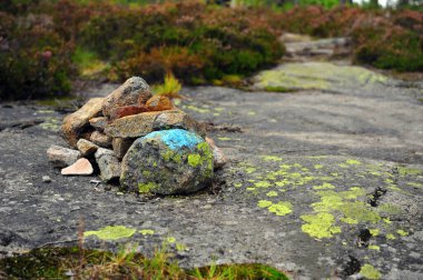 Mavi işaretli cairn Norveç 'in Skrim, Vestfold dağlarında bir turist yolu gösteriyor. Arka planda sonbahar renkli funda.