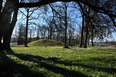 Norveç 'in Horten kentindeki Borre Ulusal Parkı' nda baharda güzel ağaçlar ve çiçeklerle çerçevelenmiş Viking mezar tepeciği.