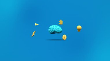 Dinamik 3D beyin fırtınası animasyonu kusursuz bir döngü içinde parlayan bir ampul, yükselen kağıt uçak, enerji sembolü ve karmaşık insan beyni modeli.