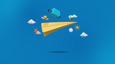 Bir bavul, güneş, şapka, plaj topu, deniz yıldızı ve deniz kabuğu gibi seyahat simgeleriyle mavi arka planda uçan kağıttan bir uçağın 3 boyutlu görüntüsü, tatil ve macerayı simgeliyor.