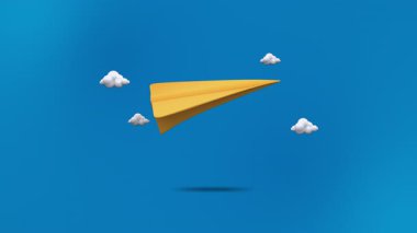 Minimalist 3D görüntüleme Beyaz bulutlar arasında uçan sarı kağıt uçak canlı mavi gökyüzü, basitliği, yolculuğu ya da yeni bir başlangıcı simgeliyor.