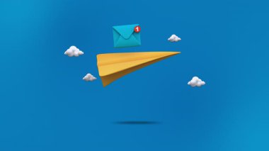 Üzerinde okunmamış bir mesaj simgesi (bildirim içeren zarf) bulunan üç boyutlu bir uçağın mavi arkaplandaki bulutlar arasında uçuşu, dijital iletişimi ve hızlı iletimi temsil eder