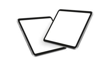 Gümüş Tablet Bilgisayarları Boş Yatay Ekranlar, Yan Bakış Görünümü, Beyaz Arkaplan 'da izole edilmiş. Vektör İllüstrasyonu