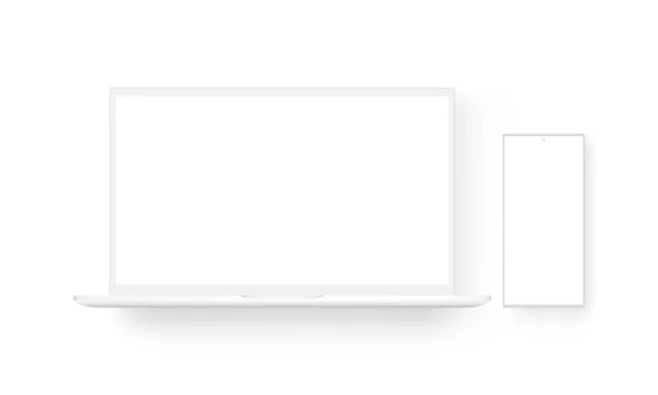 Dizüstü bilgisayar ve çerçevesiz cep telefonu, Clay Mockup, beyaz arka planda izole edilmiş. Vektör İllüstrasyonu