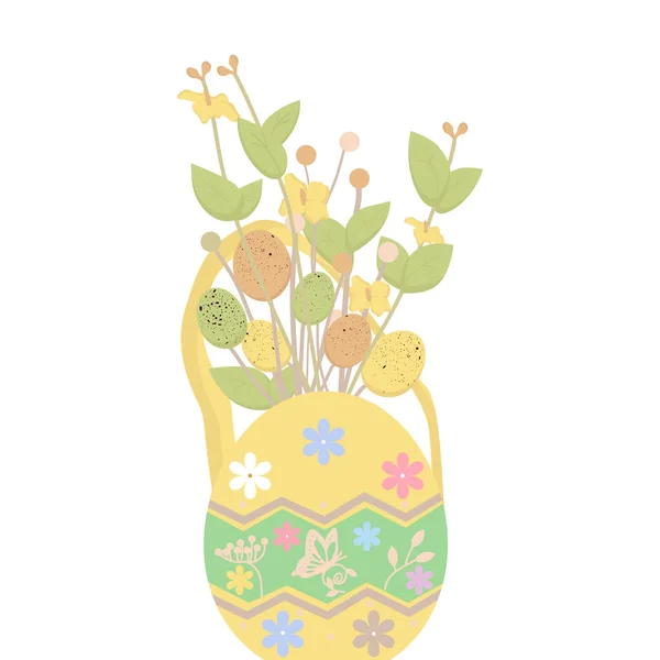 Easter Bouquet Eggs Yellow Flowers Green Leafs Isolated White Background — Vettoriale Stock