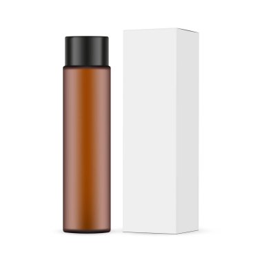 Amber Cosmetic Bottle With Packing Box Mockup, Side View, Isolated on White Background. Vector Illustration