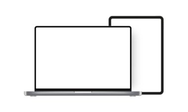 Laptop Silver Mockup With Tablet, Blank Screens, Isolated on White Background. Vector Illustration