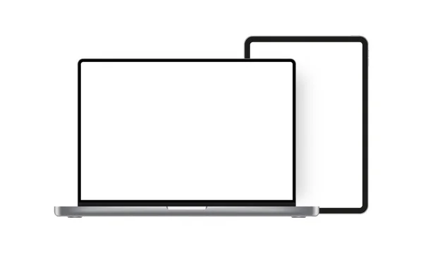 Laptop Silver Mockup Tablet Blank Screens Isolated White Background Vector — Stockvektor