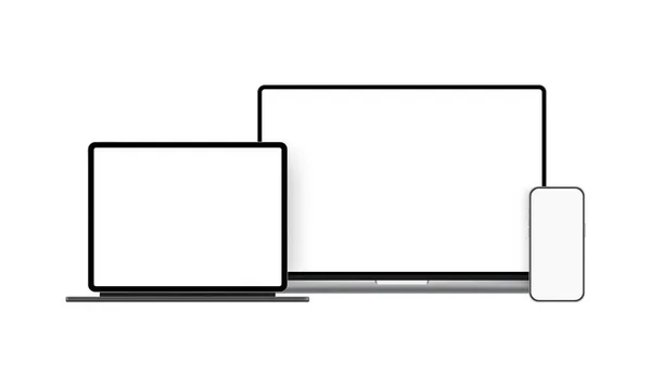 Современные Устройства Ноутбук Планшетный Компьютер Клавиатурой Стенд Смартфон Вид Спереди — стоковый вектор