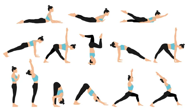 Conjunto Posturas Yoga Ejercicios Yoga Para Mujeres Ilustración Vectores Planos — Vector de stock