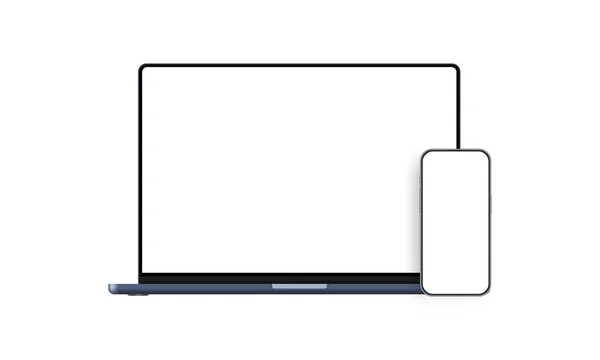 Laptop Dunkelblau Smartphone Mit Leeren Bildschirmen Isoliert Auf Weißem Hintergrund — Stockvektor