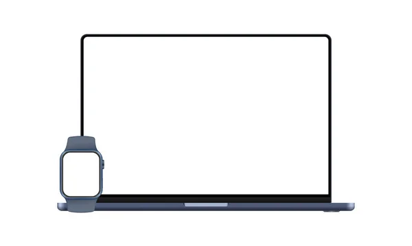 Современный Темно Синий Ноутбук Умные Часы Чистыми Экранами Векторная Миграция — стоковый вектор