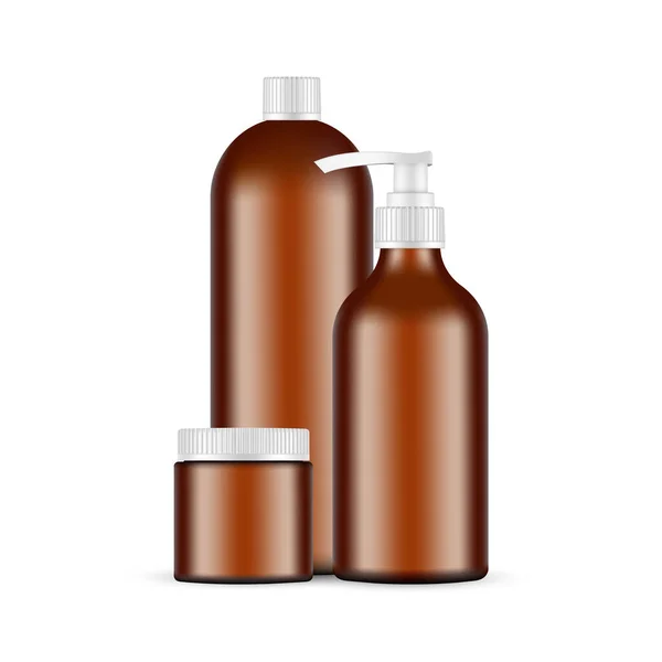 Amber Cosmetic Bottles Jar Mockup Izolovaný Bílém Pozadí Vektorová Ilustrace — Stockový vektor