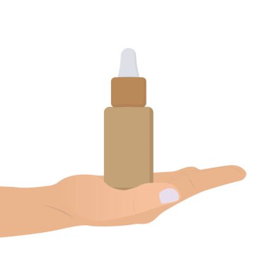 Kadının El Tutuşu Kozmetik Düşürme Şişesi, beyaz arka planda izole edilmiş. Düz Vektör İllüstrasyonu