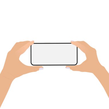 Beyaz arka planda izole edilmiş, boş ekranlı akıllı telefonu tutan kadın elleri. Düz Tasarımda Vektör Resimleri