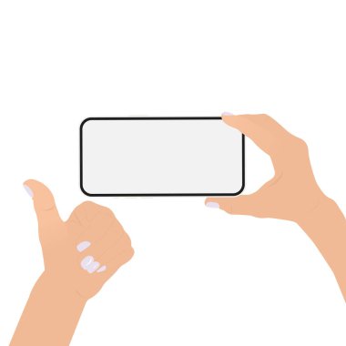 Akıllı telefon ekranda görünüyor ve başparmak yukarı işareti, beyaz arka planda izole edilmiş. Vektör İllüstrasyonu