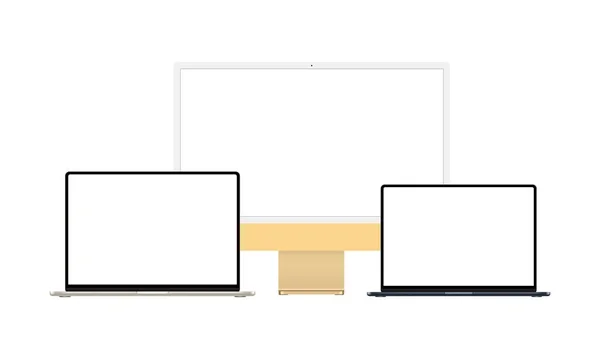 Yellow Computer Monitor and Laptops with Blank Screens, Isolated on White Background. Vector Illustration