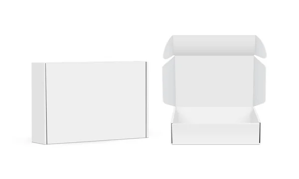 Two Blank Packaging Boxes Mockups Open Closed Isolated White Background Vektör Grafikler