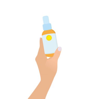 Güneş kremi şişesi kadın elinde, beyaz arka planda izole edilmiş. Vektör İllüstrasyonu