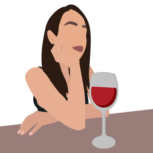 Mulher Morena Jovem Senta Mesa Bar Com Copo Vinho Tinto — Vetor de Stock