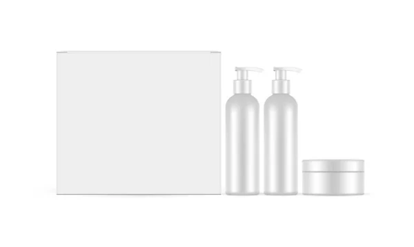 Kosmetik Geschenkset Blanko Schachtel Pumpenflaschen Und Cremedose Isoliert Auf Weißem — Stockvektor