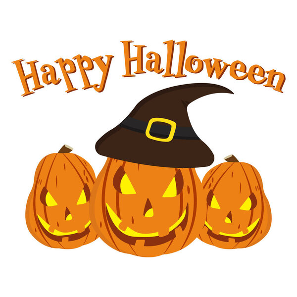 Funny and Scary Pumpkin Faces With Happy Halloween Text, Isolated on White Background. Flat Vector Illustration