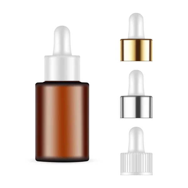 Amber Small Dropper Bottle Mockup Metallic Plastic Golden Caps Isolated — Stock Vector