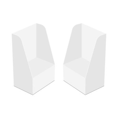 Raflı boş küçük karton kutular, yan görünüm, beyaz arka planda izole edilmiş. Vektör İllüstrasyonu