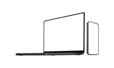 Laptop ve Smartphone 'da beyaz arka planda izole edilmiş boş ekranlar, yan bakış açısı. Vektör İllüstrasyonu