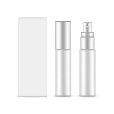 Metalik kapaklı küçük plastik sprey şişesi, karton ambalaj kutusu, ön manzara, beyaz arka planda izole edilmiş. Vektör İllüstrasyonu