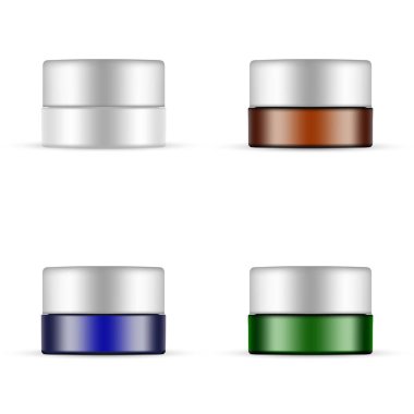 El ya da Göz Kremi. Kozmetik kavanozları, plastik, kehribar, mavi, yeşil model, beyaz arka planda izole edilmiş. Vektör İllüstrasyonu