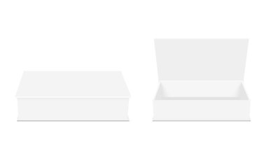 Dikdörtgen ambalaj kutuları açık ve kapalı, beyaz arka planda izole edilmiş, ön manzara. Vektör illüstrasyonu