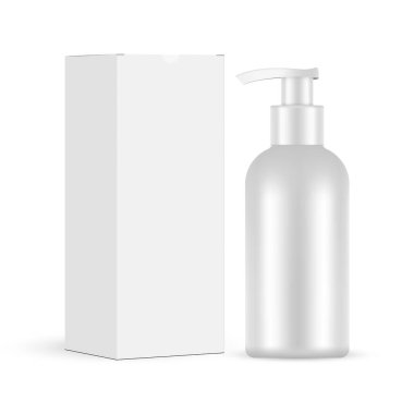 Kutulu boş plastik pompa şişesi. Yüz yıkama, makyaj tazeleme, beyaz arka planda tecrit. Vektör İllüstrasyonu