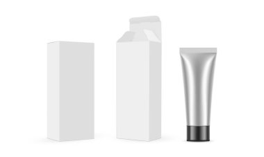 Metalik kozmetik tüplü uzun karton kutular, beyaz arka planda izole edilmiş. Vektör İllüstrasyonu