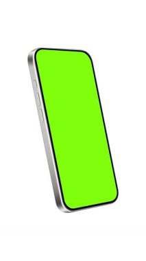 Yeşil ekranlı akıllı telefon modeli, beyaz arka planda izole edilmiş. Cep telefonu Yan Görünümü, 4K Dikey Canlandırma