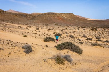 Kanarya Adaları, Lanzarote sahilleri yakınlarındaki volkanik arazide yürüyüş yapan bir adam..