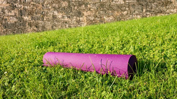 stock image Rolled sport gymnastic mat on green grass with sunlight in germany, close up. Outdoor yoga concept