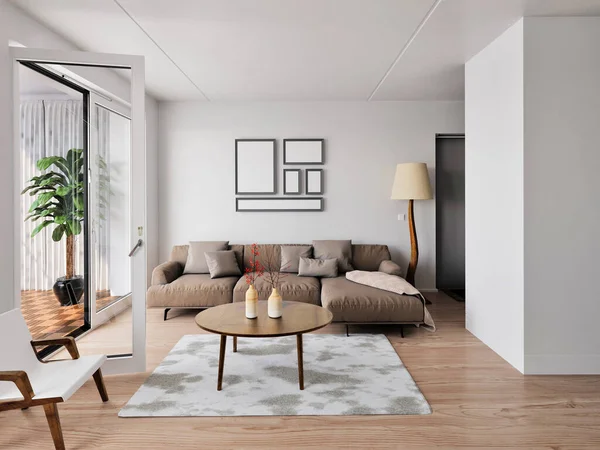 大きな角のソファと白い壁の背景を持つトレンディーな現代的なリビングルームをモックアップ 3Dレンダリング ストック画像