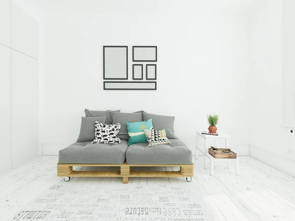 Mock Moderne Stue Med Komfortabel Sofa Trendy Lys Baggrund Rendering - Stock-foto