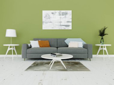 Rahat bir kanepesi ve modern bir hipster arka planı olan klasik bir oturma odası yap..