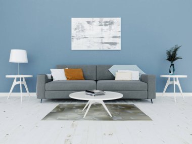 Rahat bir kanepesi ve modern bir hipster arka planı olan klasik bir oturma odası yap..