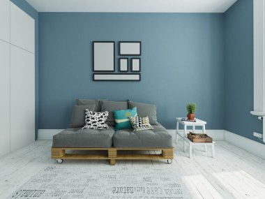 Mock up the original living room with a comfortable original sofa and trendy hipster backdrop, 3d rendering.
