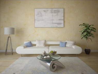 Mock up a stylish living room with a trendy compact sofa and original hipster backdrop, 3d rendering.